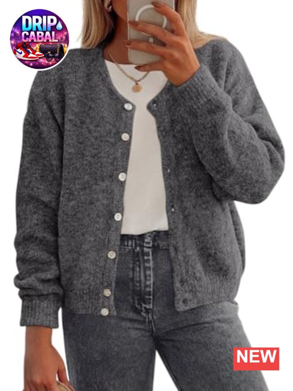 Women's Long Sleeve Button Down Cardigan Knit Sweater Loose Fit Crew Neck